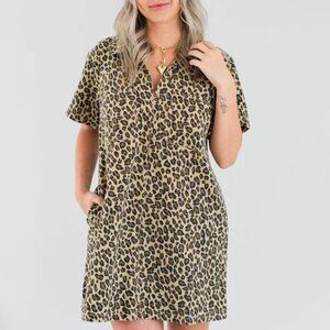 WISHLIST Leopard Denim A Line Shift Mini Dress With Front & Side Pockets